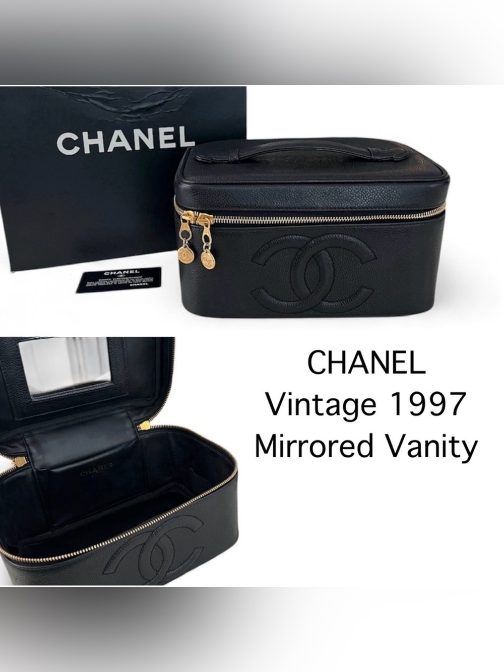 CHANEL Rare 1997 Mirrored Vanity Cosmetic Case / Make Up Bag / Caviar Leather